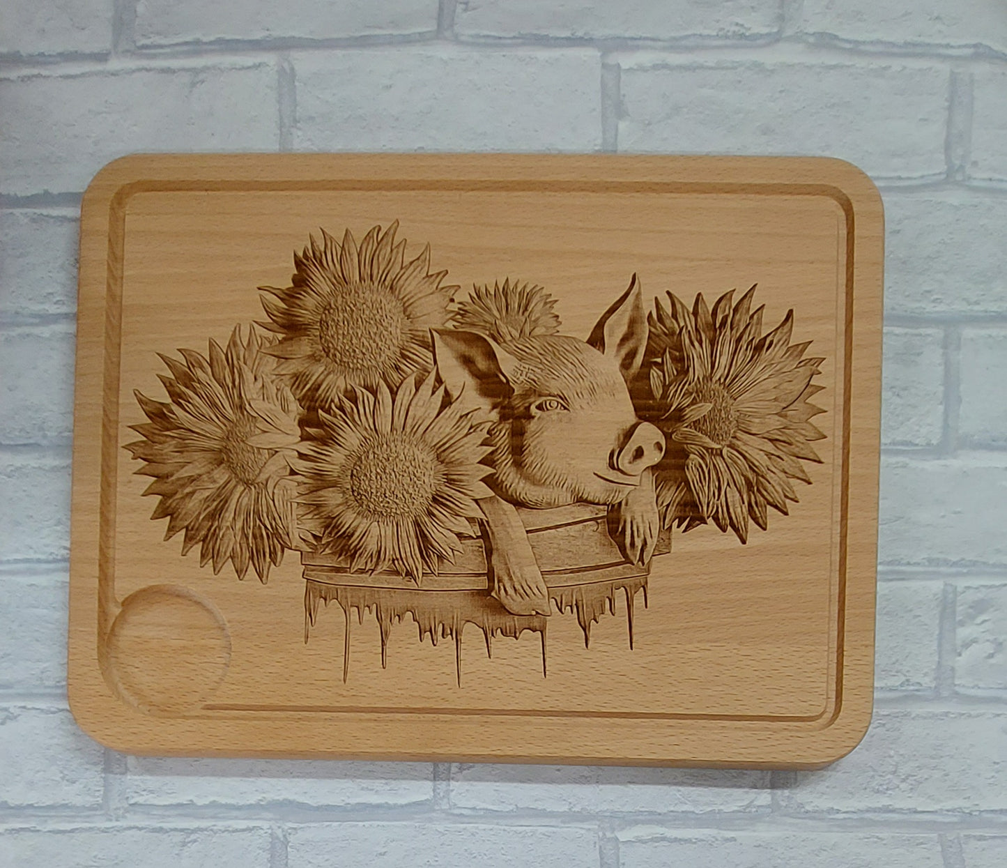 Large Beech Wood Chopping Board - Laser Engraved image of Pig & Sunflowers