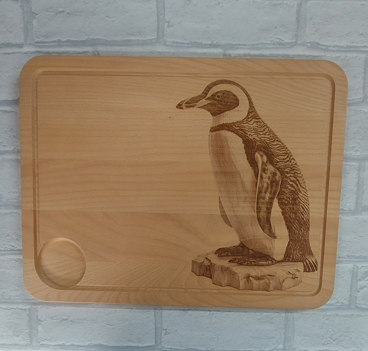 Large Beech Wood Chopping Board - Engraved image of a Penguin