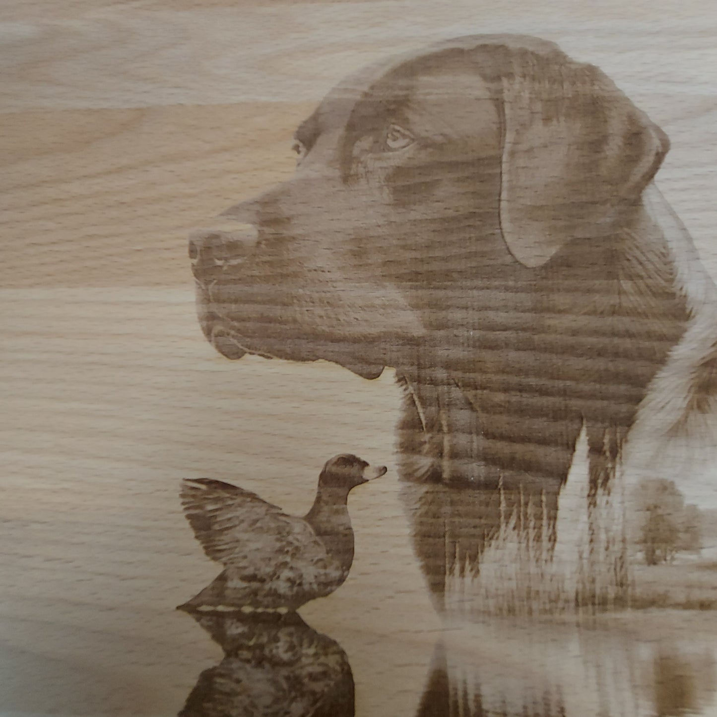 Large Hevea Wood Chopping Board - Engraved Labrador & Duck
