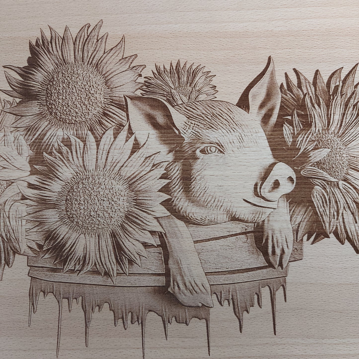 Large Beech Wood Chopping Board - Laser Engraved image of Pig & Sunflowers