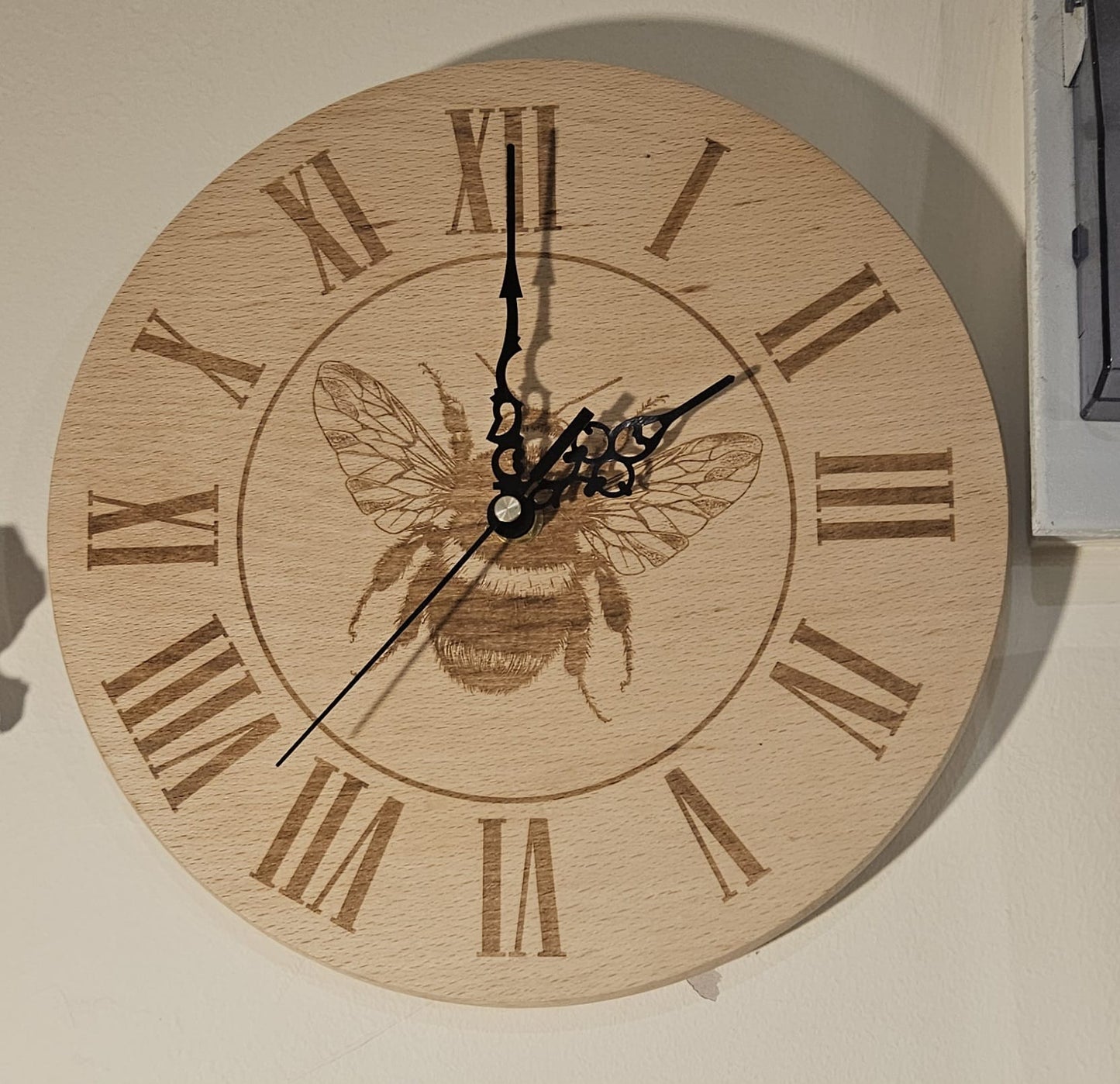 Beech Wood Clock 25cm- engraved Bee detail with Roman Numerals