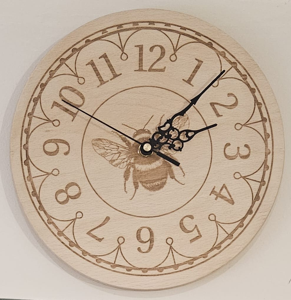 Beech Wood Clock 25cm- engraved Bee detail
