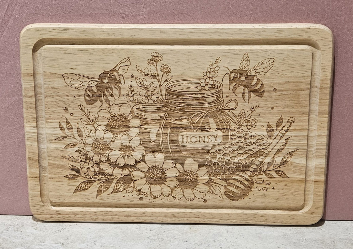 Laser engraved Bees with Honey Pot design - Hevea Wood Chopping Board Medium Rectangle