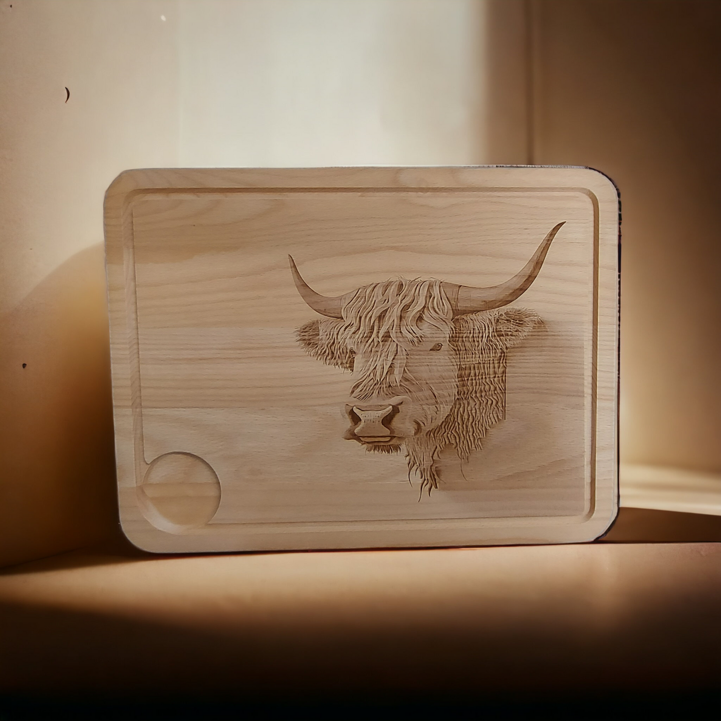 Large Beech Wood Chopping Board - Laser Engraved image of Highland Cow