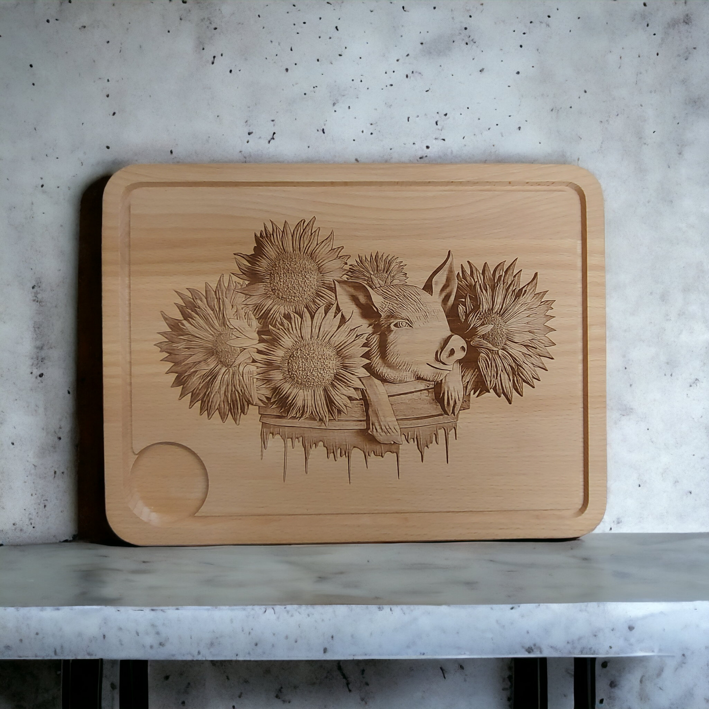 Large Beech Wood Chopping Board - Laser Engraved image of Pig & Sunflowers