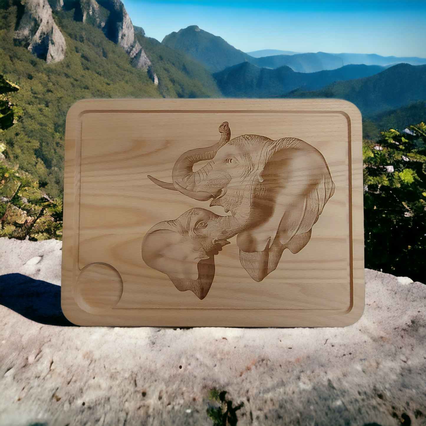 Large Beech Wood Chopping Board - Engraved image of Elephants