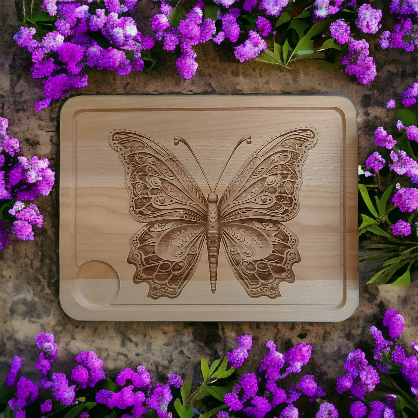 Large Beech Wood Chopping Board - Engraved image of Butterfly