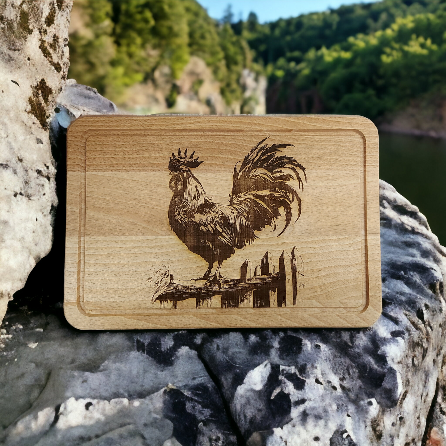 Beech Chopping Board Medium Rectangle - engraved Cockerel