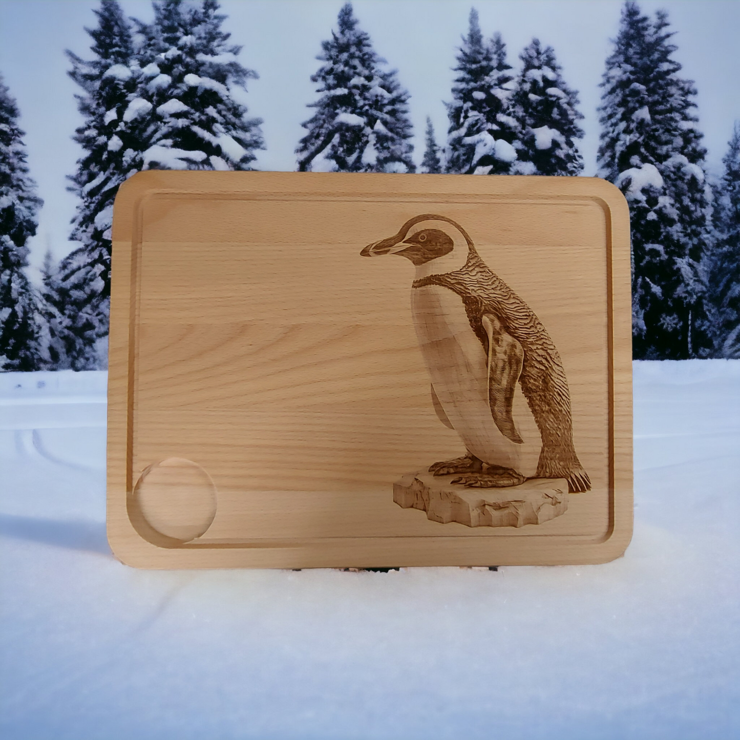 Large Beech Wood Chopping Board - Engraved image of a Penguin