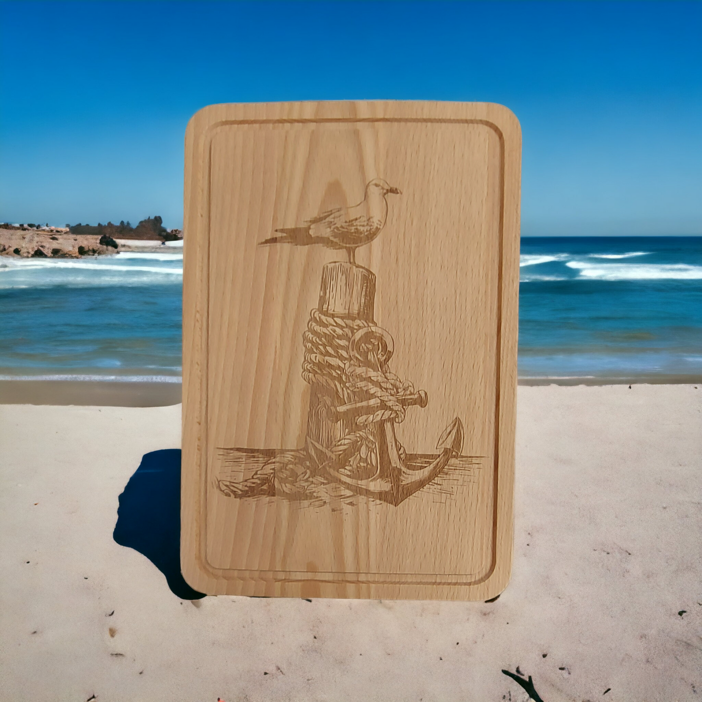 Beech Chopping Board Medium Rectangle - engraved Seagul on Anchor