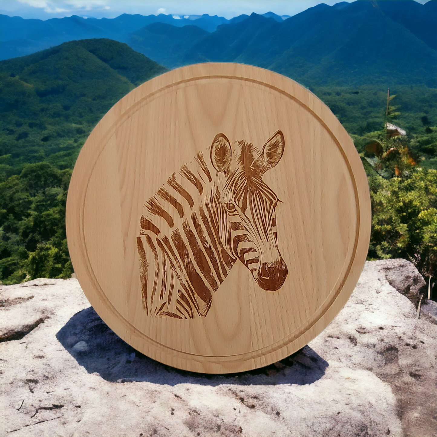 Beech Chopping Board 300mm diameter- engraved Zebra