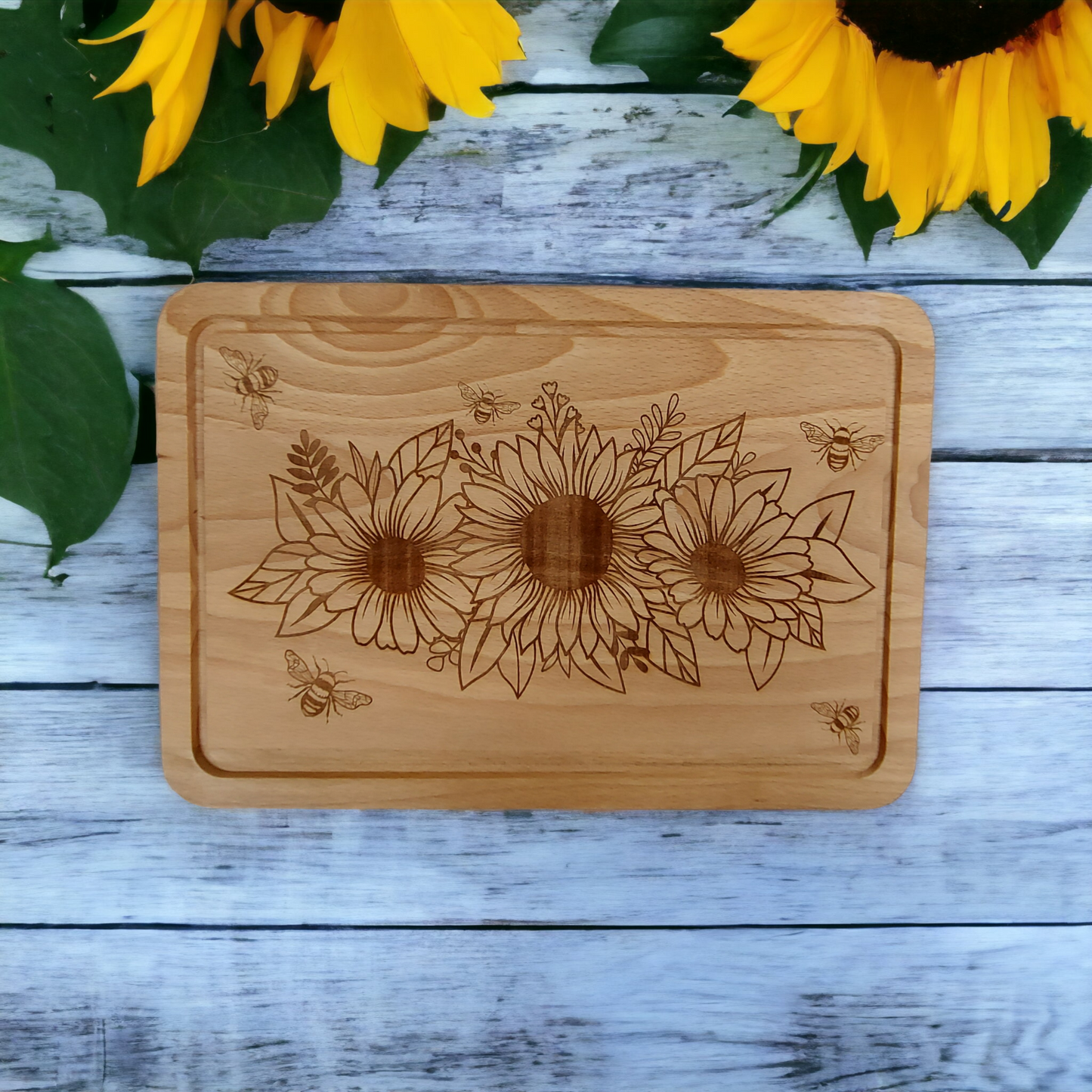 Beech Chopping Board Medium Rectangle - engraved Sunflowers & 5 Bees