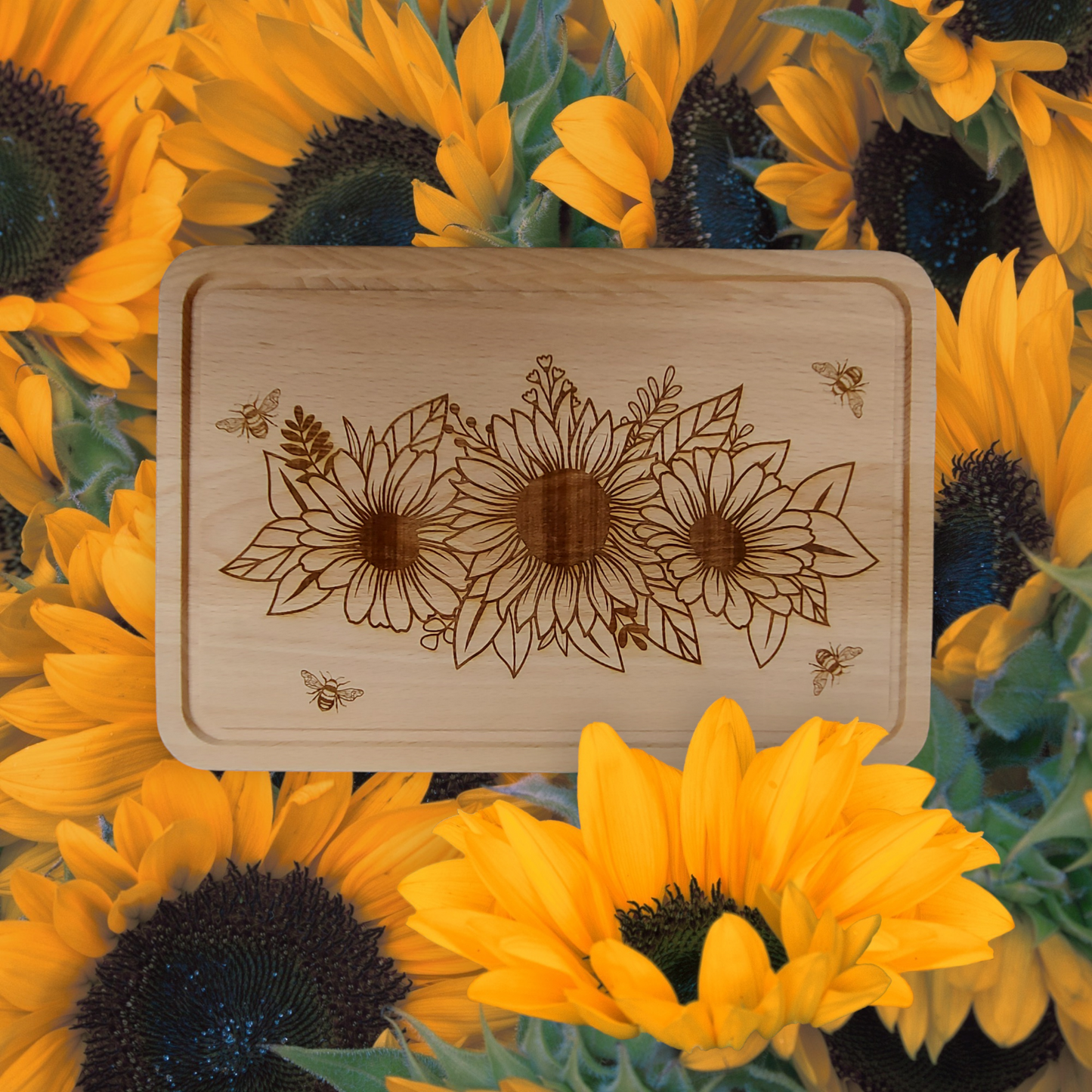 Beech Chopping Board Medium Rectangle - engraved Sunflowers & 4 Bees