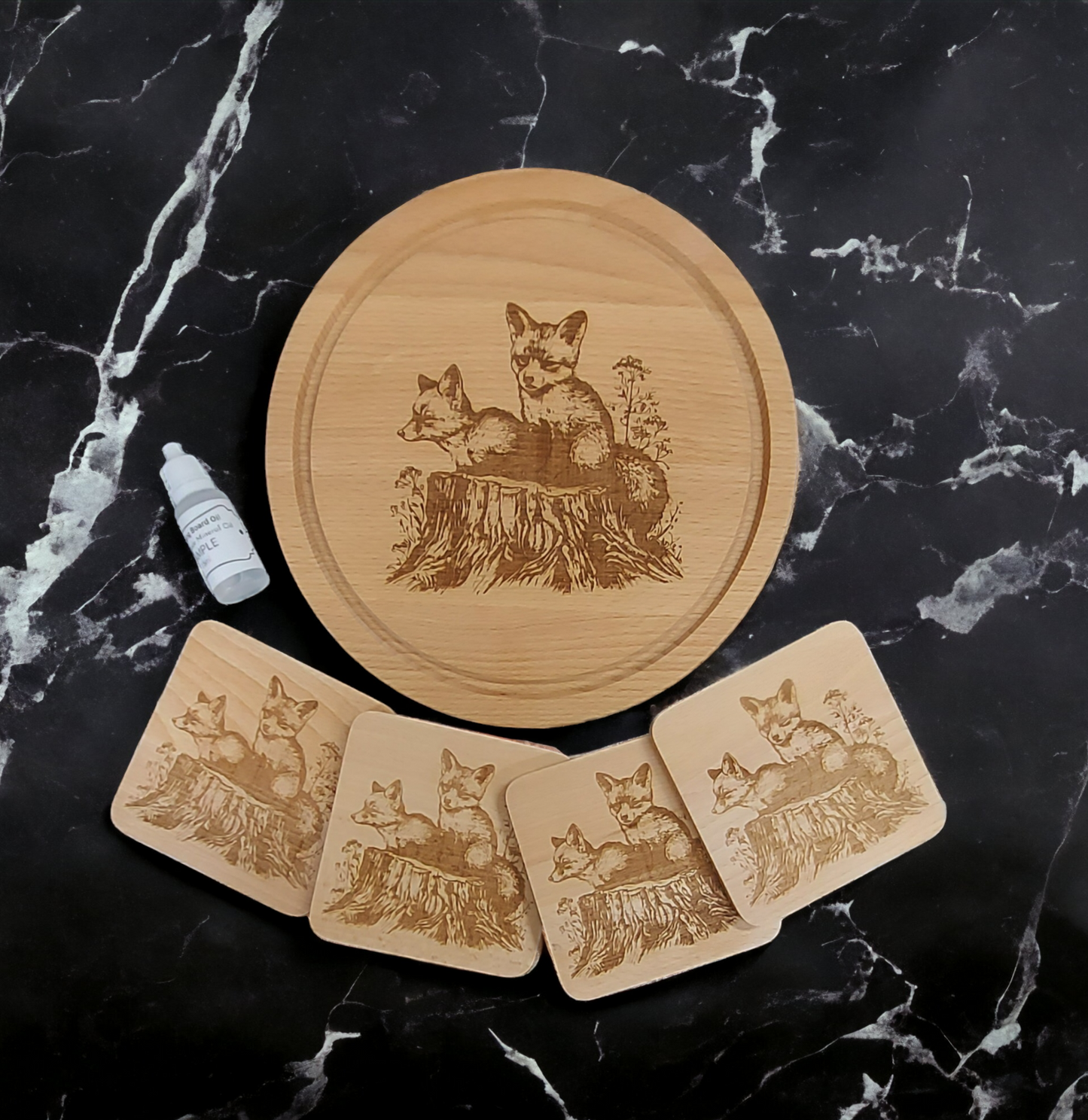 Beech Chopping Board & 4 Coasters Set - engraved Fox Cubs