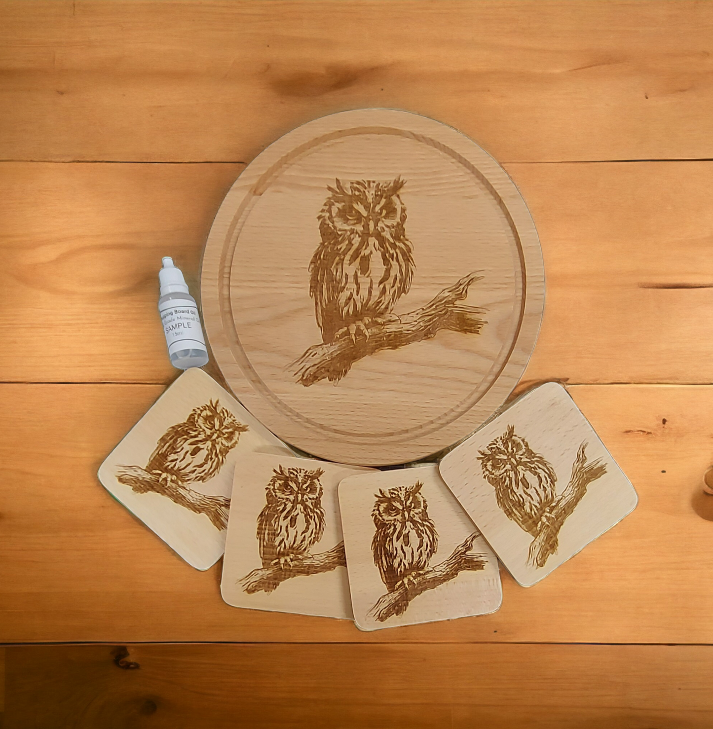 Beech Chopping Board & 4 Coasters Set - engraved Owl on Branch
