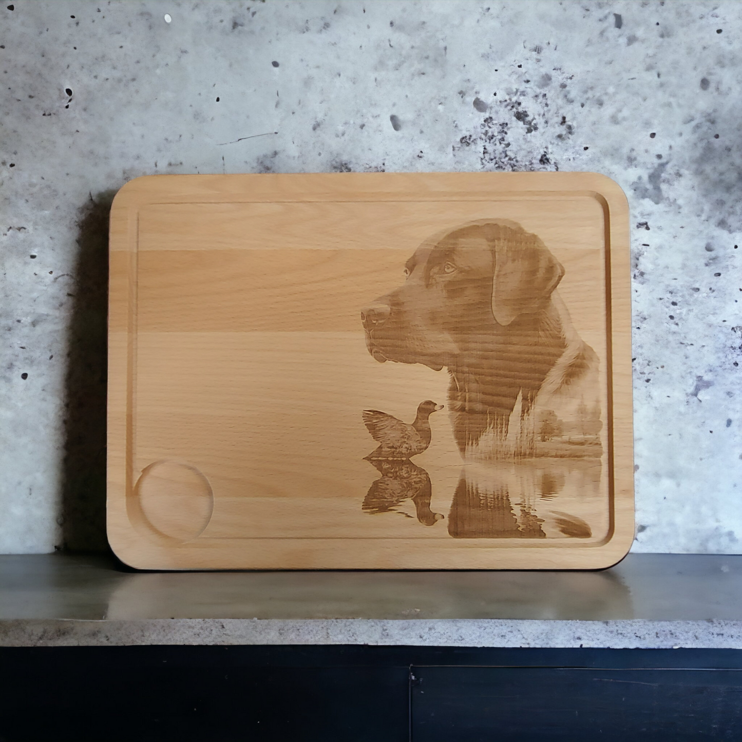 Large Hevea Wood Chopping Board - Engraved Labrador & Duck