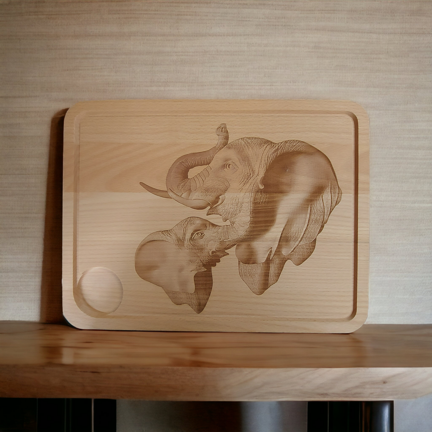 Large Beech Wood Chopping Board - Engraved image of Elephants