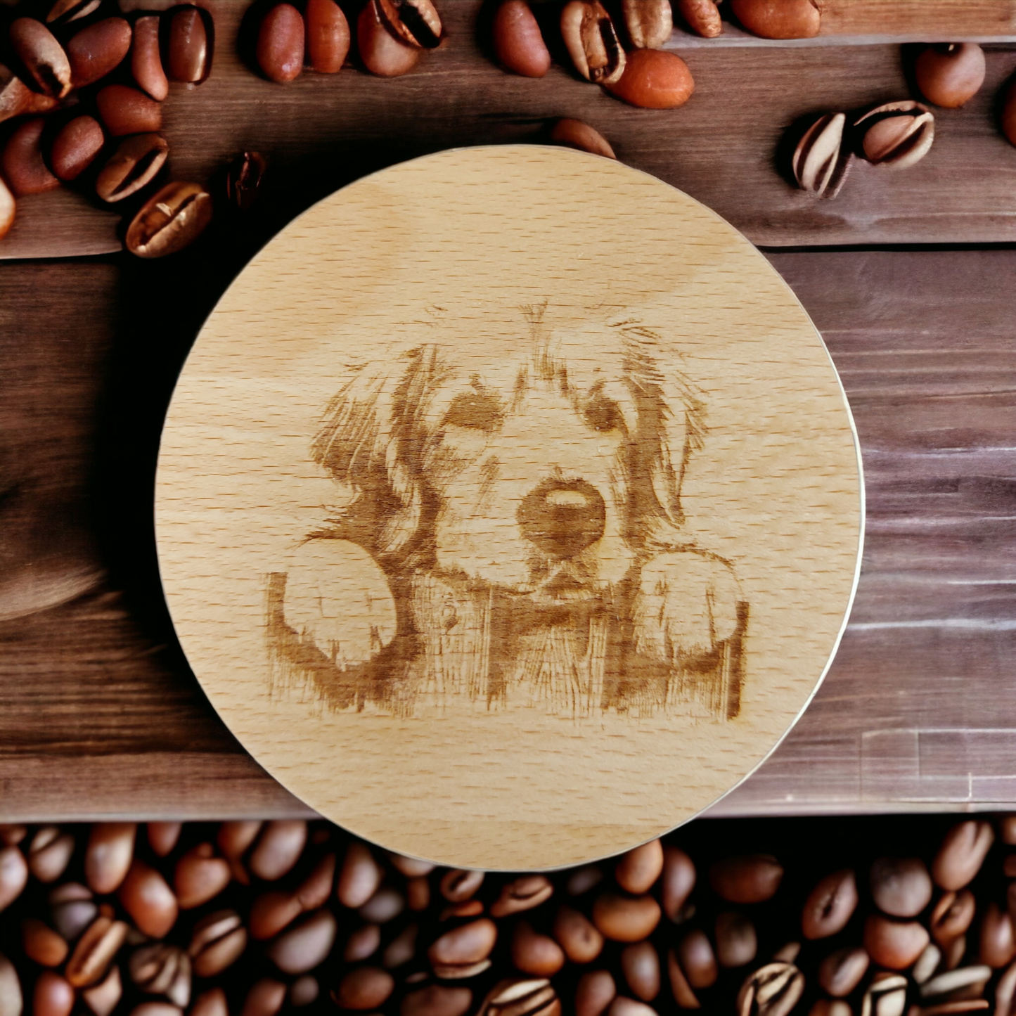 Beech Wood Round Coaster - engraved Golden Retriever image