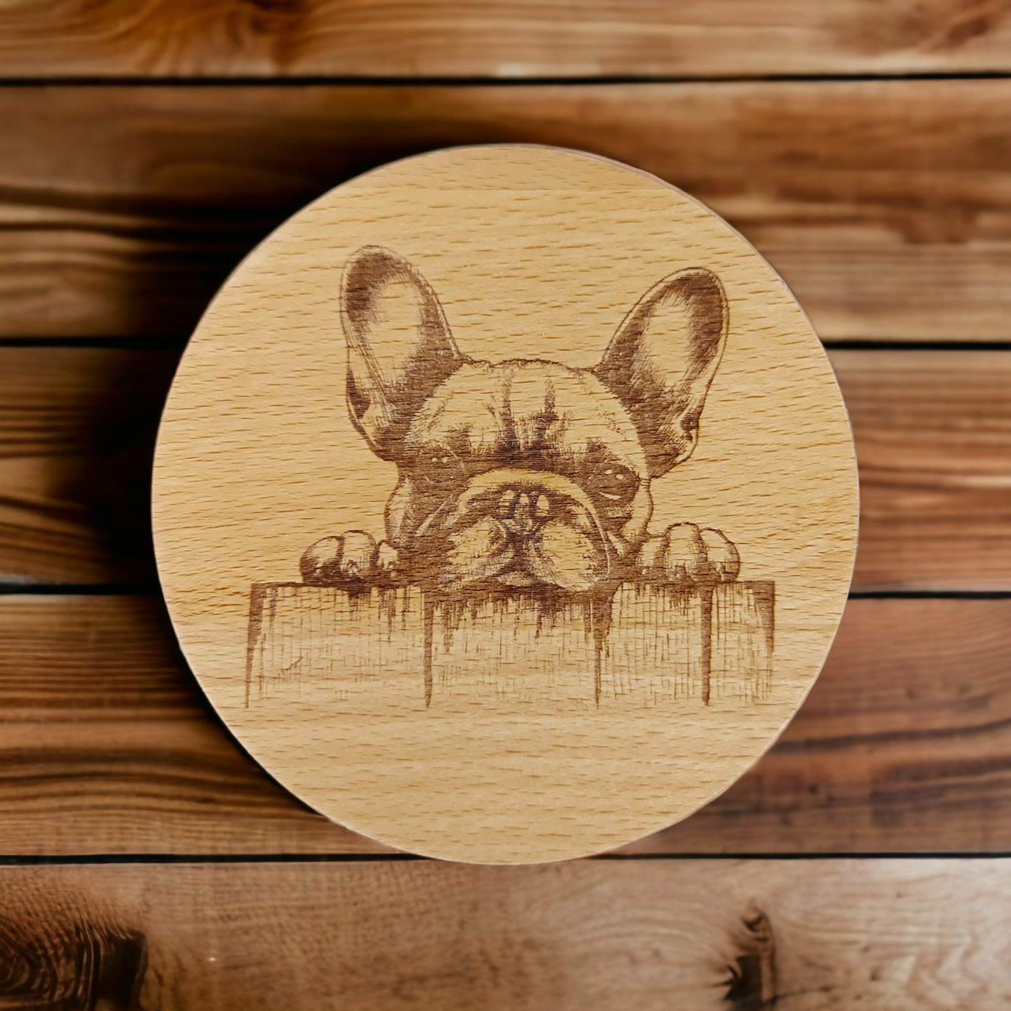 Beech Wood Round Coaster - engraved Frenchie / French Bulldog