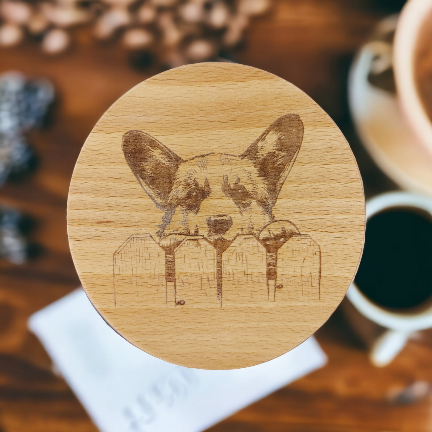 Beech Wood Round Coaster - engraved Corgi