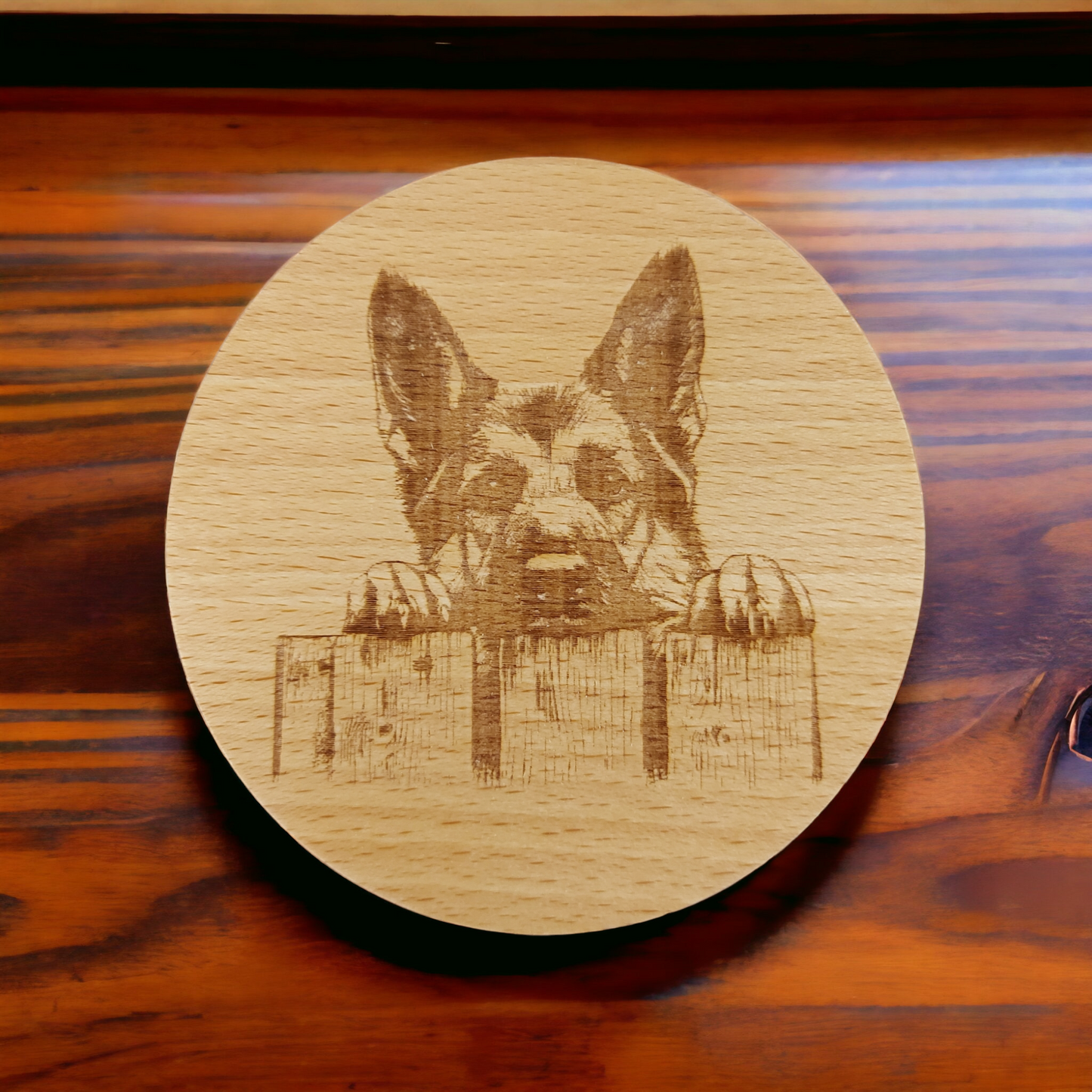 Beech Wood Round Coaster - engraved Alsation / German Shepherd image