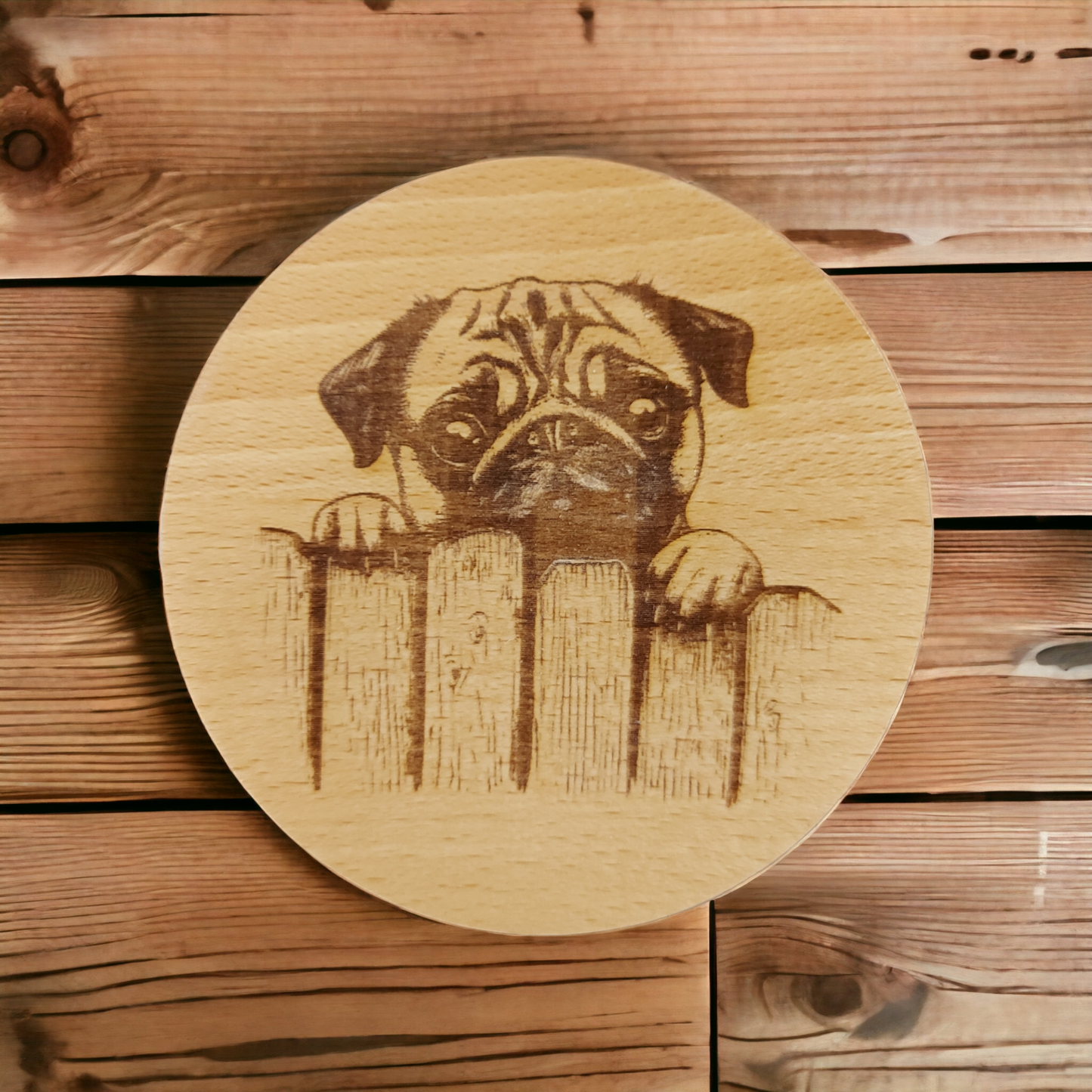 Beech Wood Round Coaster - engraved Pug