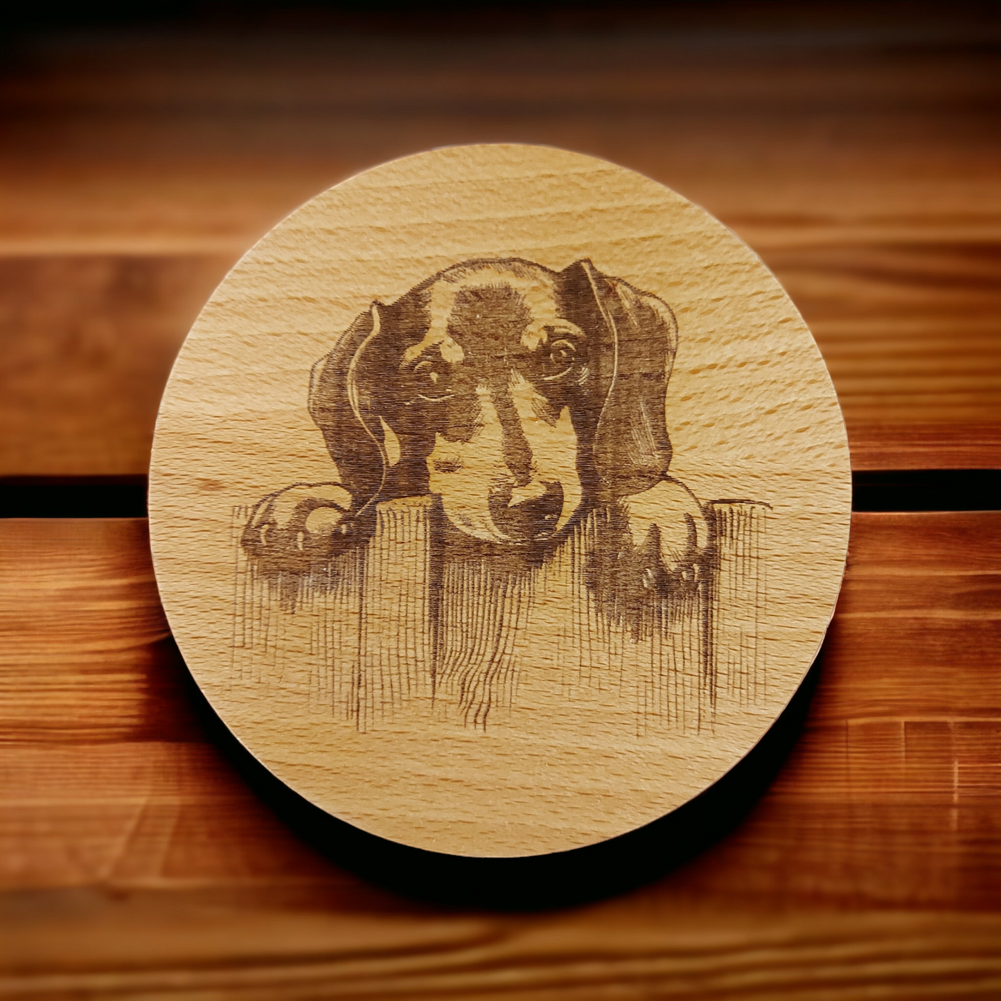 Beech Wood Round Coaster - engraved Dachschund