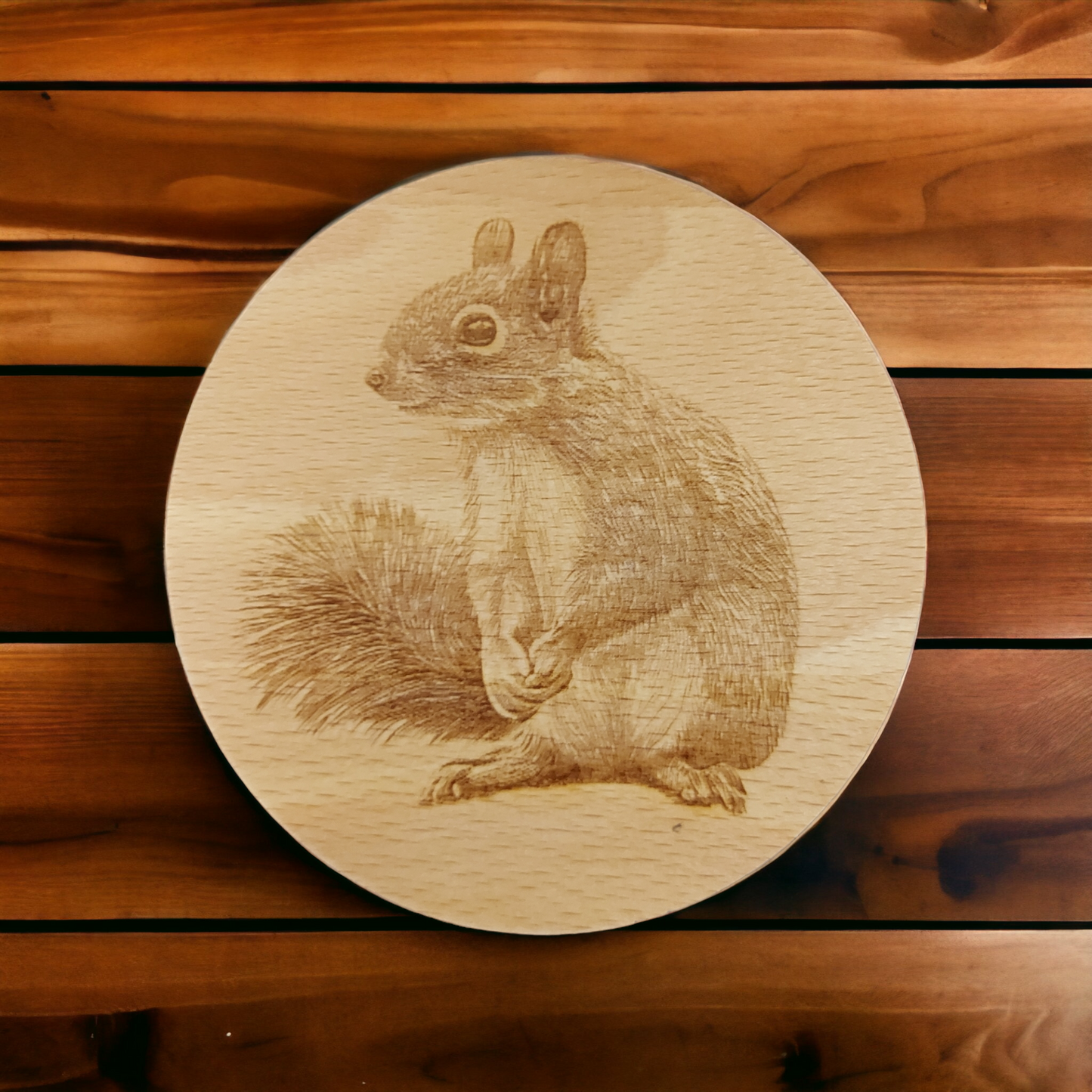 Beech Wood Round Coaster - engraved Squirrel image