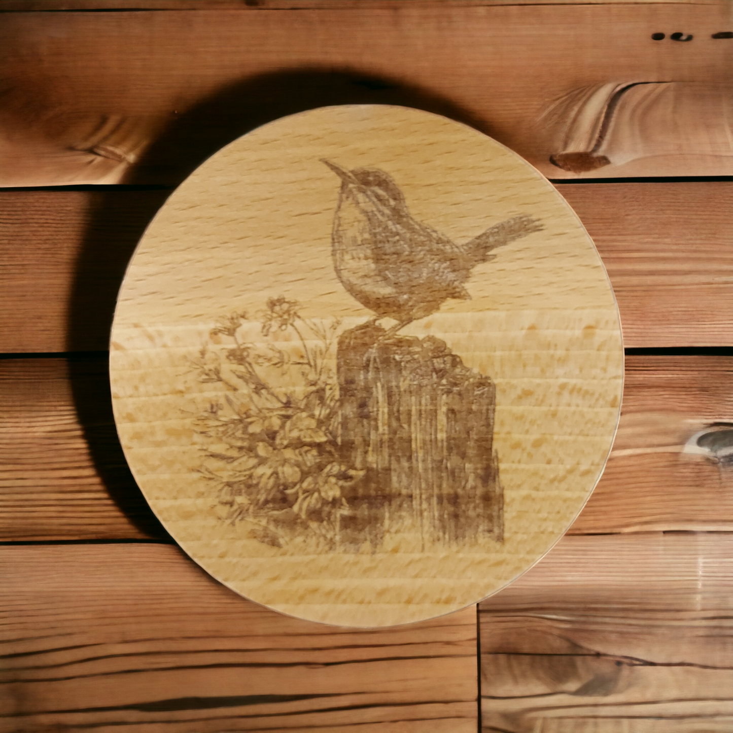 Beech Wood Round Coaster - engraved Wren on tree stump image