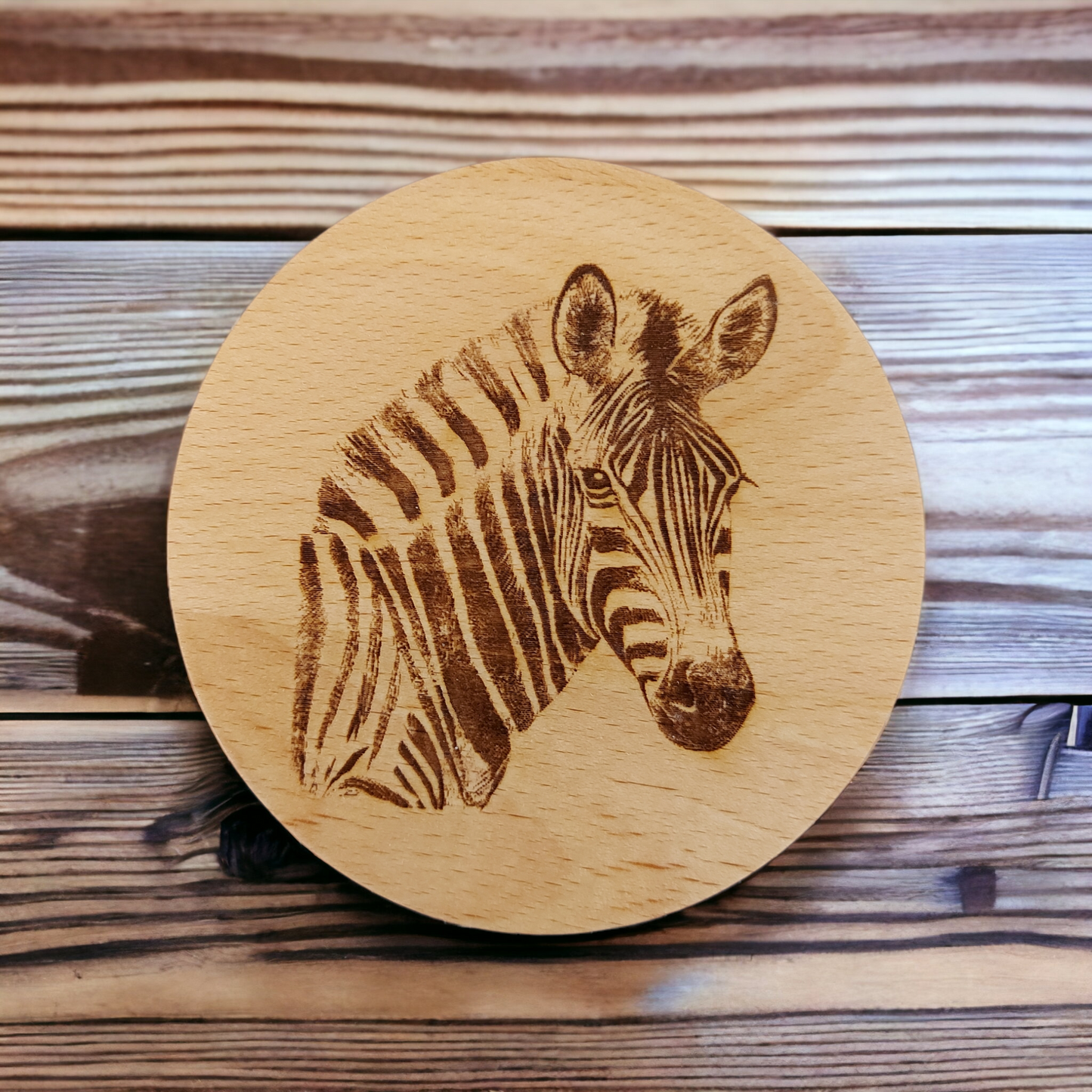 Beech Wood Round Coaster - engraved Zebra image