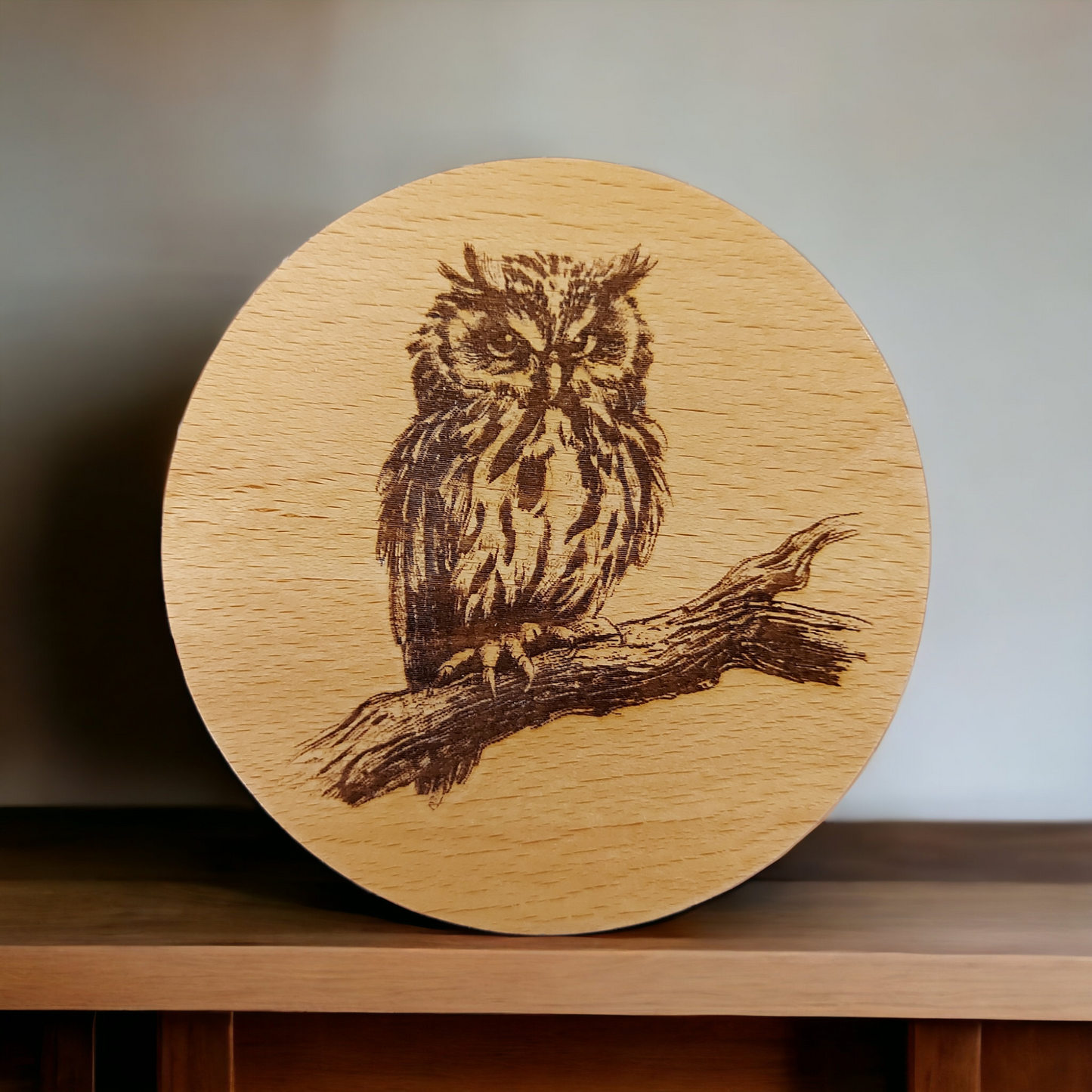 Beech Wood Round Coaster - engraved Owl on Branch image