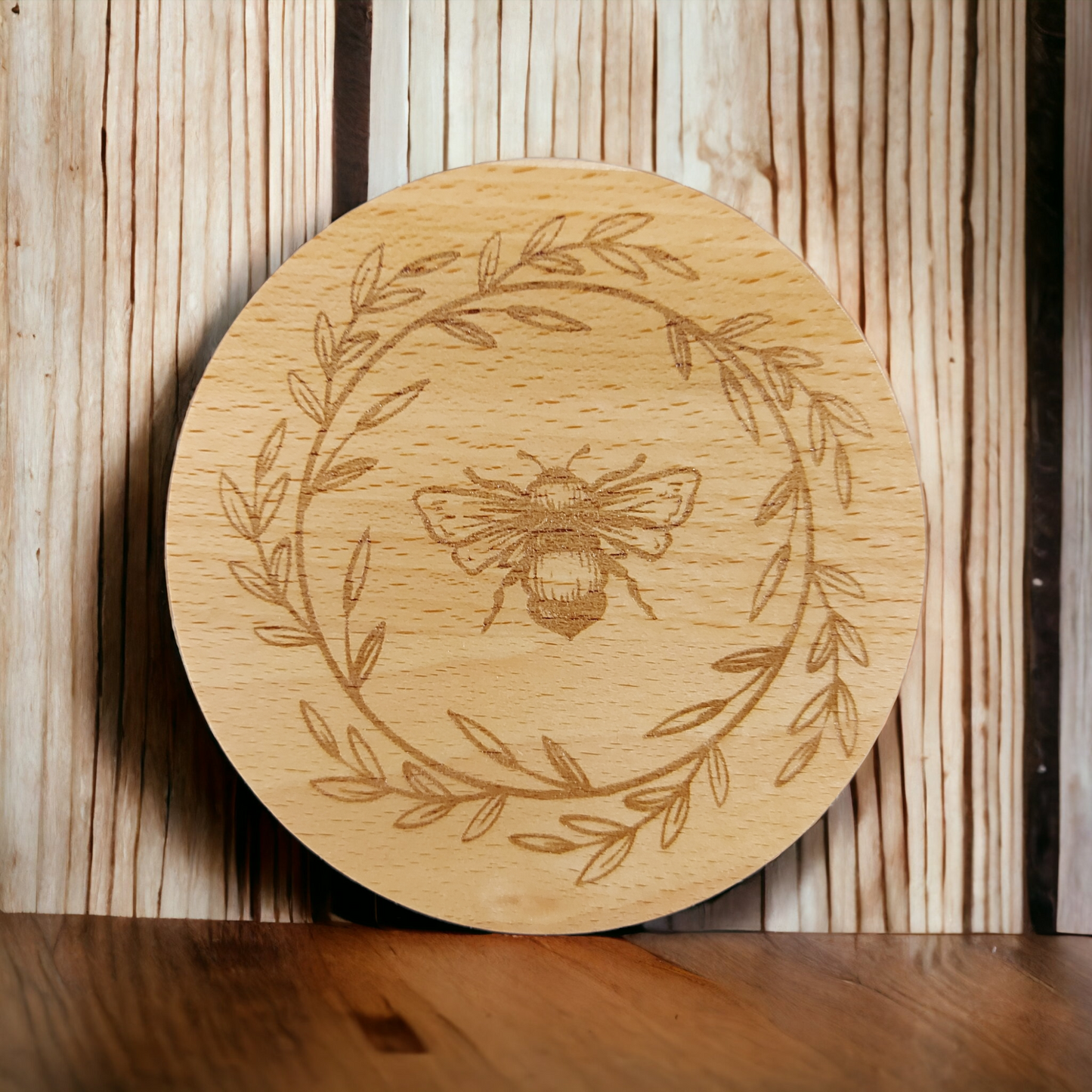 Beech Wood Round Coaster - engraved Bee in wreath image
