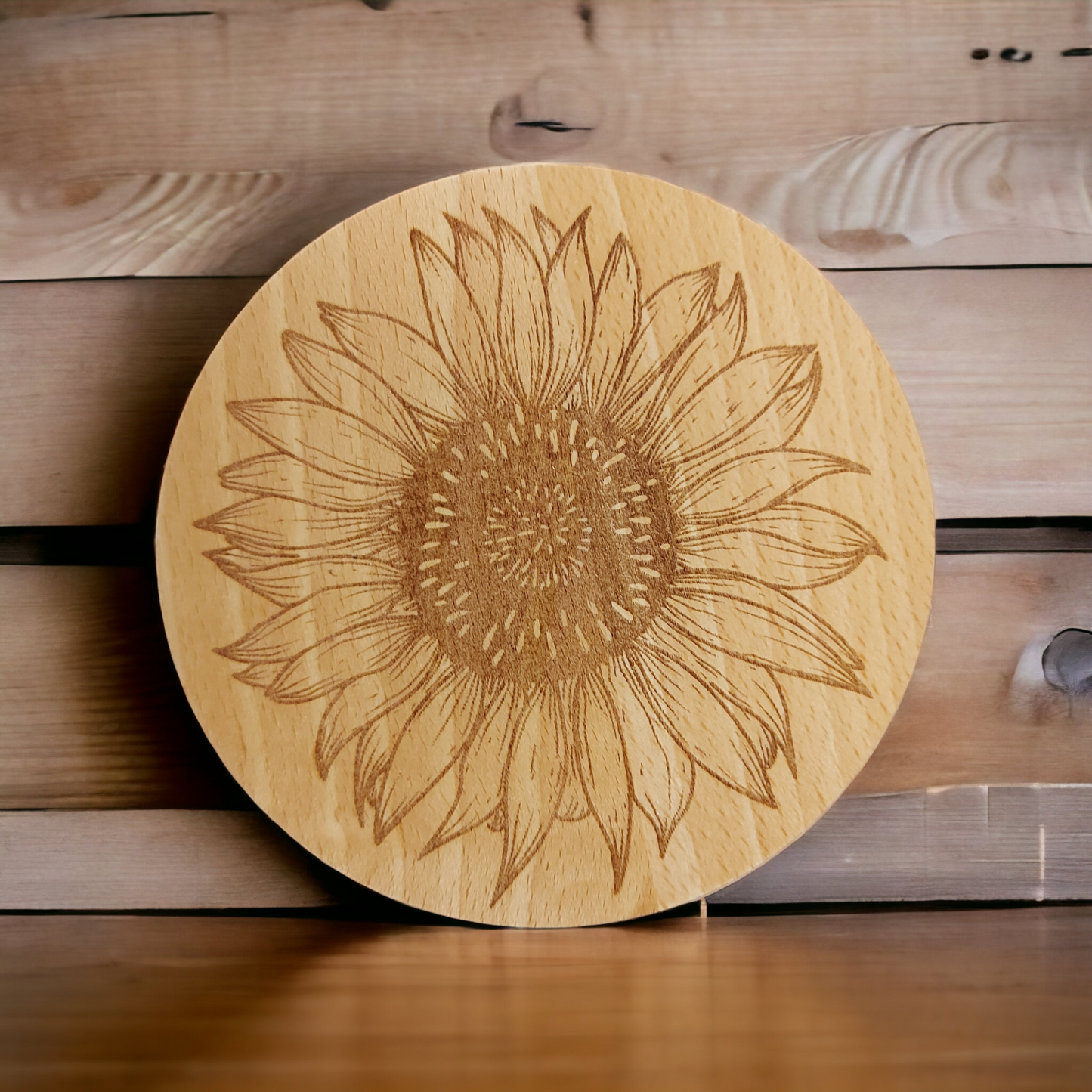 Beech Wood Round Coaster - engraved Sunflower image