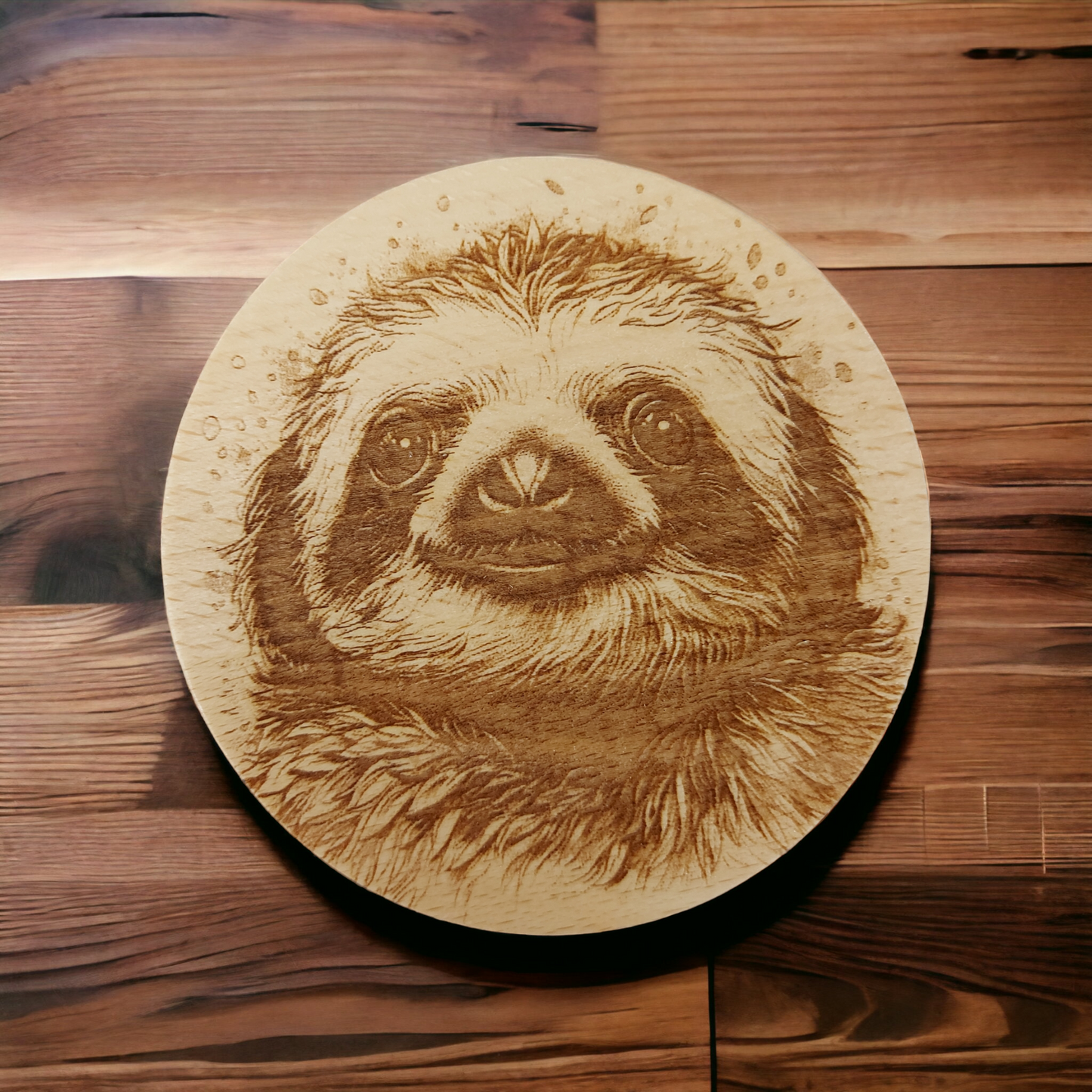Beech Wood Round Coaster - engraved Sloth image