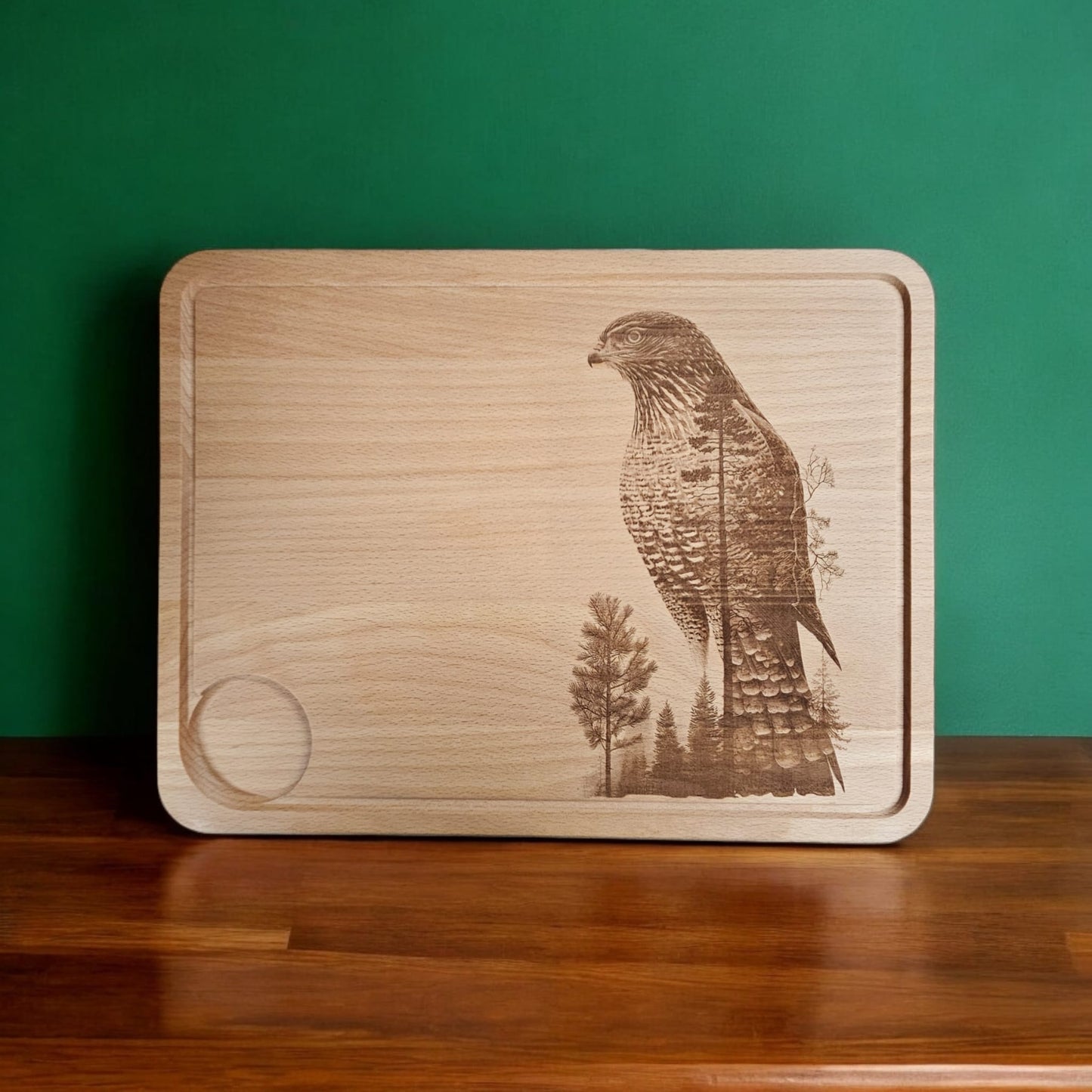 Large Beech Wood Chopping Board - Engraved 3D image of a Hawk