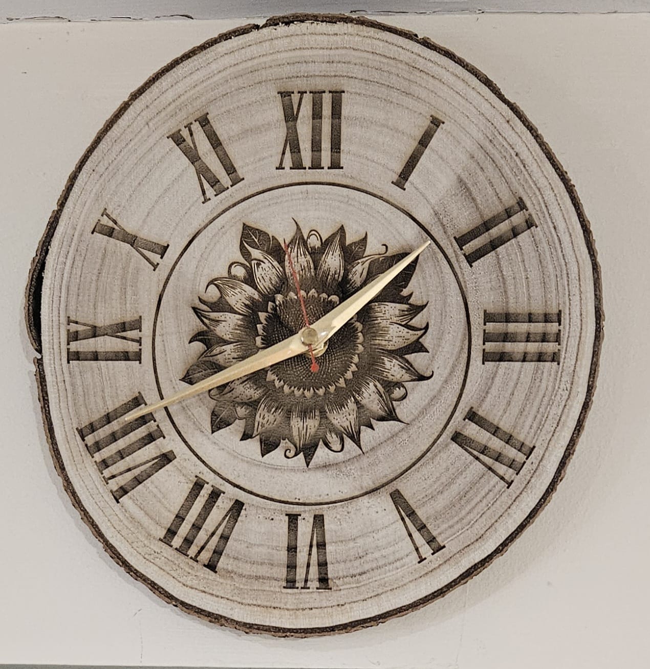 Wood Slice Clock 25cm approx - engraved with Sunflower