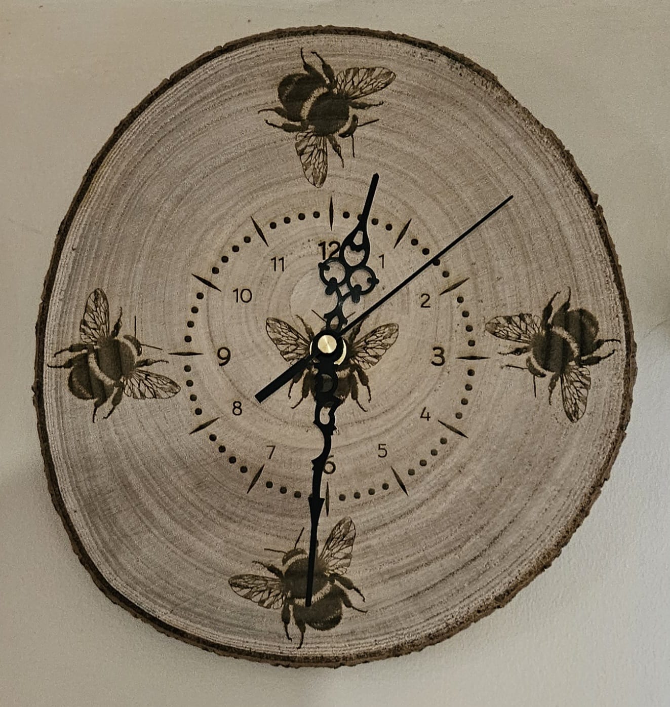 Wood Slice Clock 25cm approx - engraved with Bees