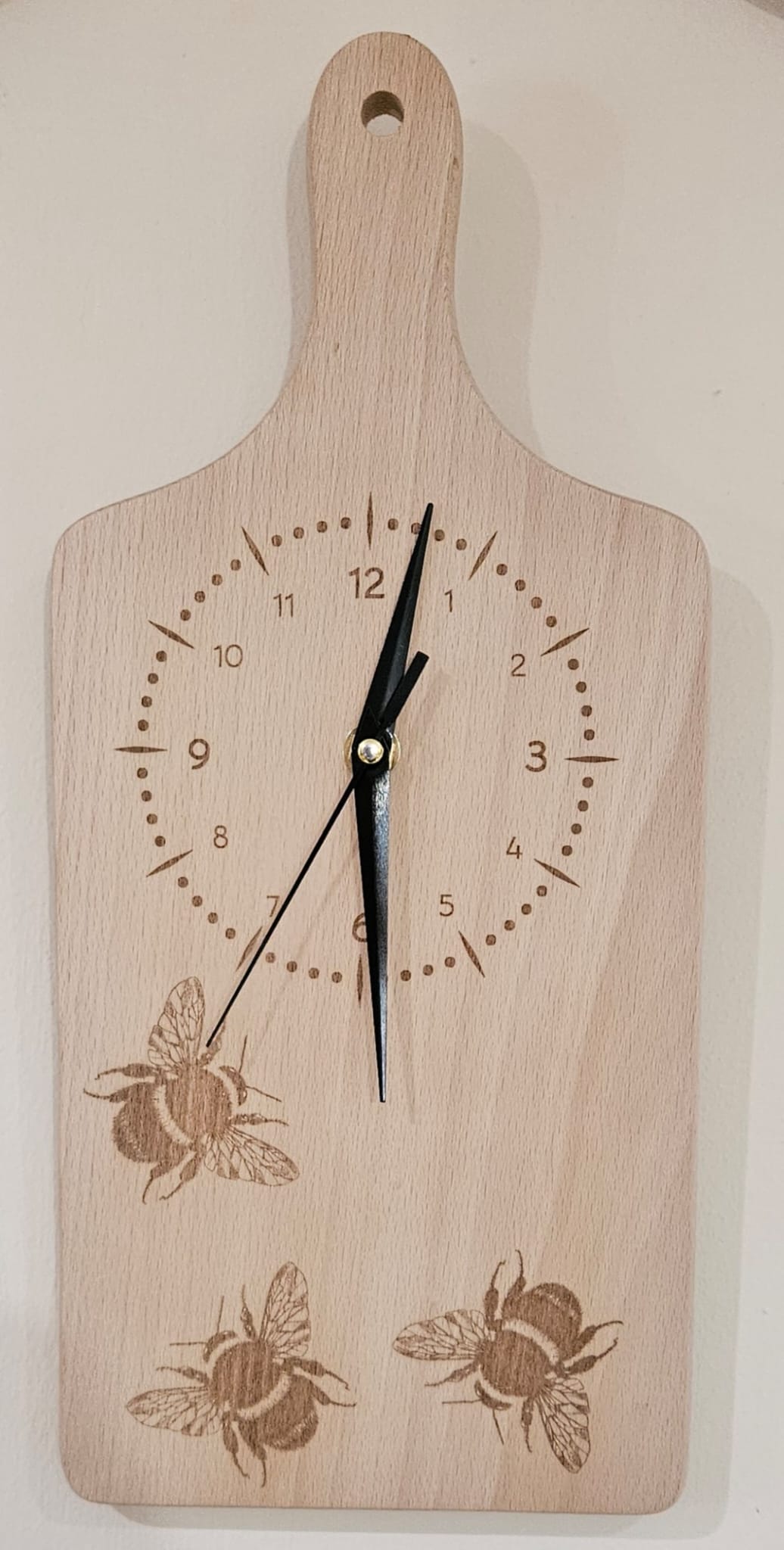 Beech Wood Paddle shaped Clock - engraved with Bees