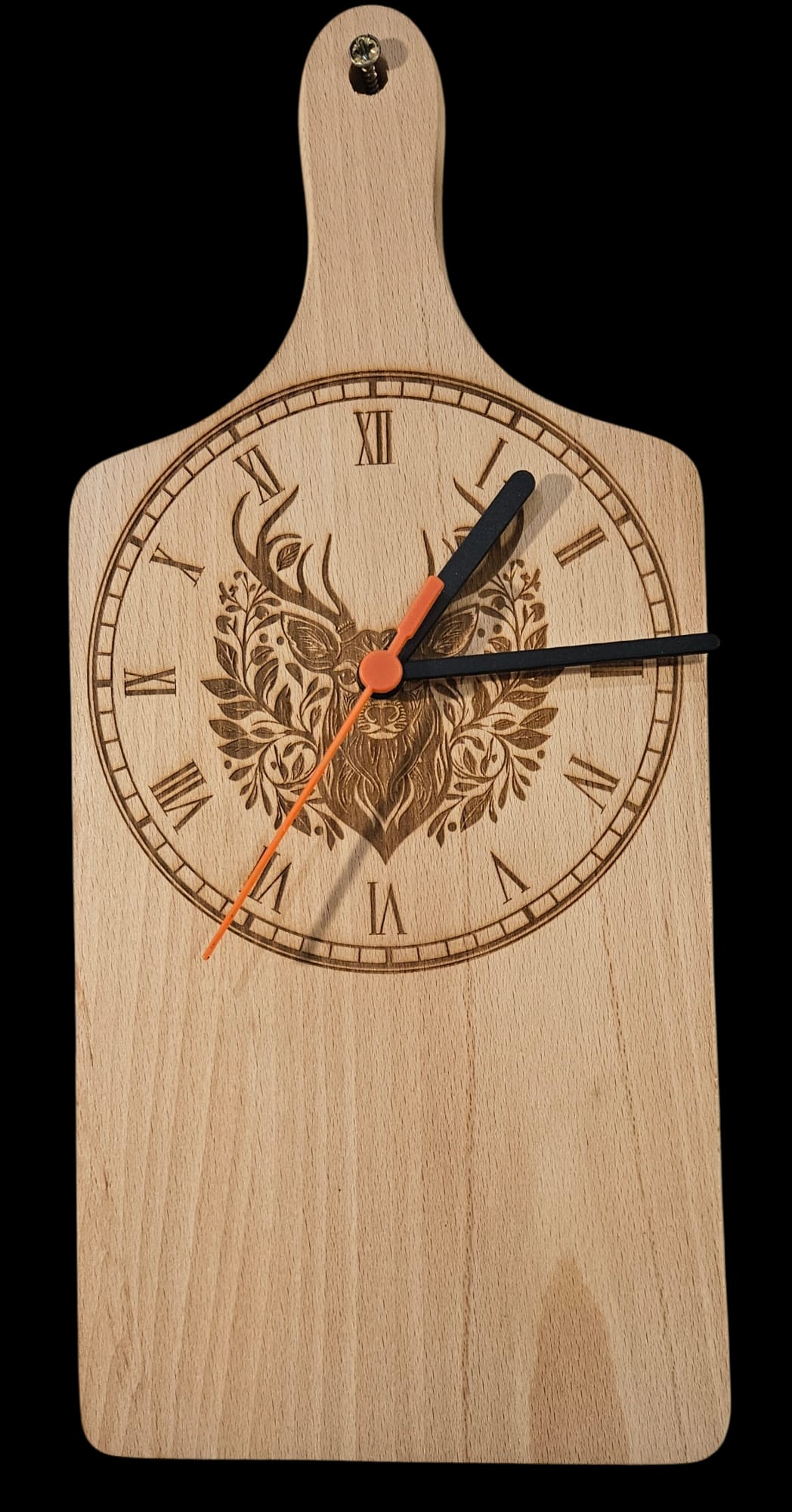 Beech Wood Paddle shaped Clock - engraved with Deers Head