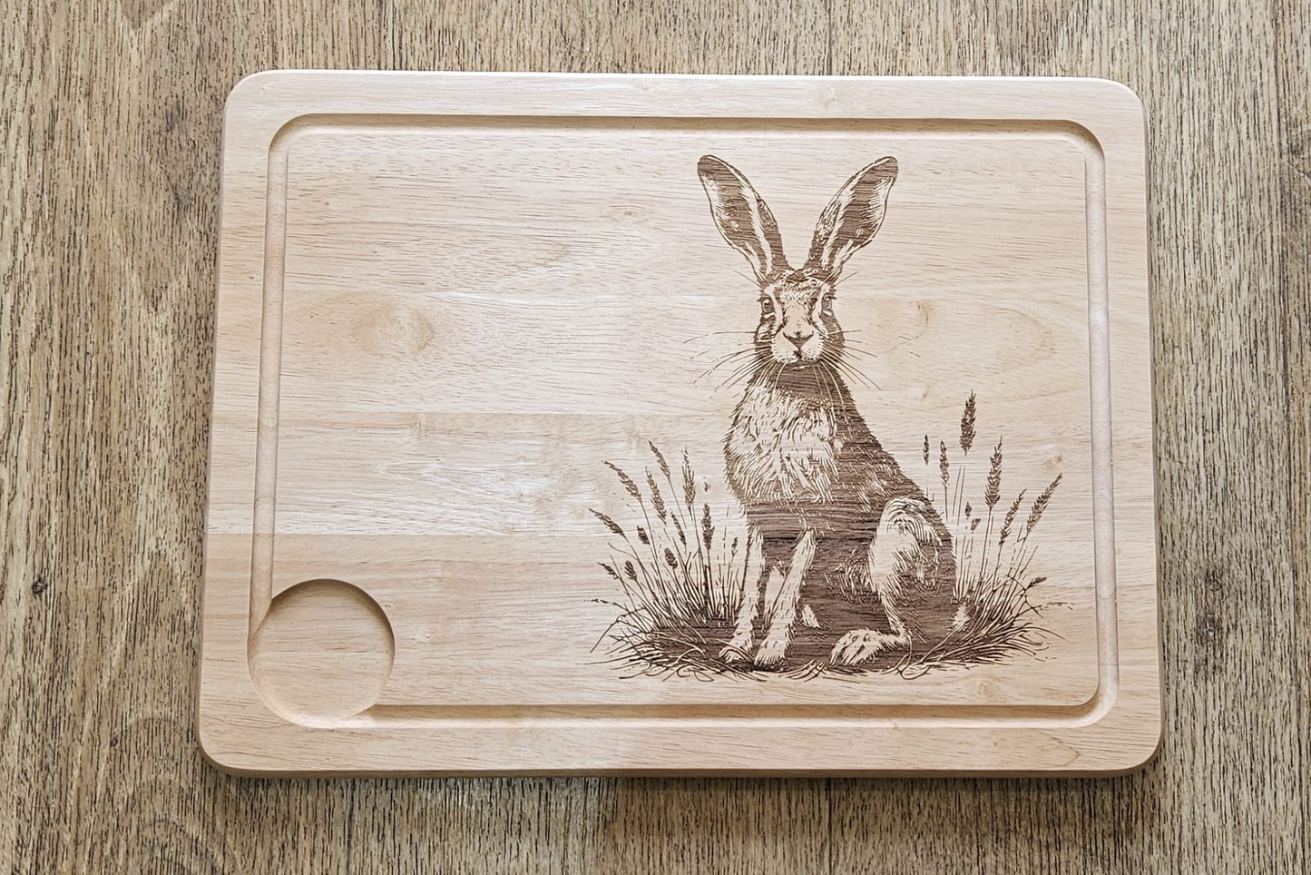 Large Hevea Wood Chopping Board - Laser Engraved image of Hare