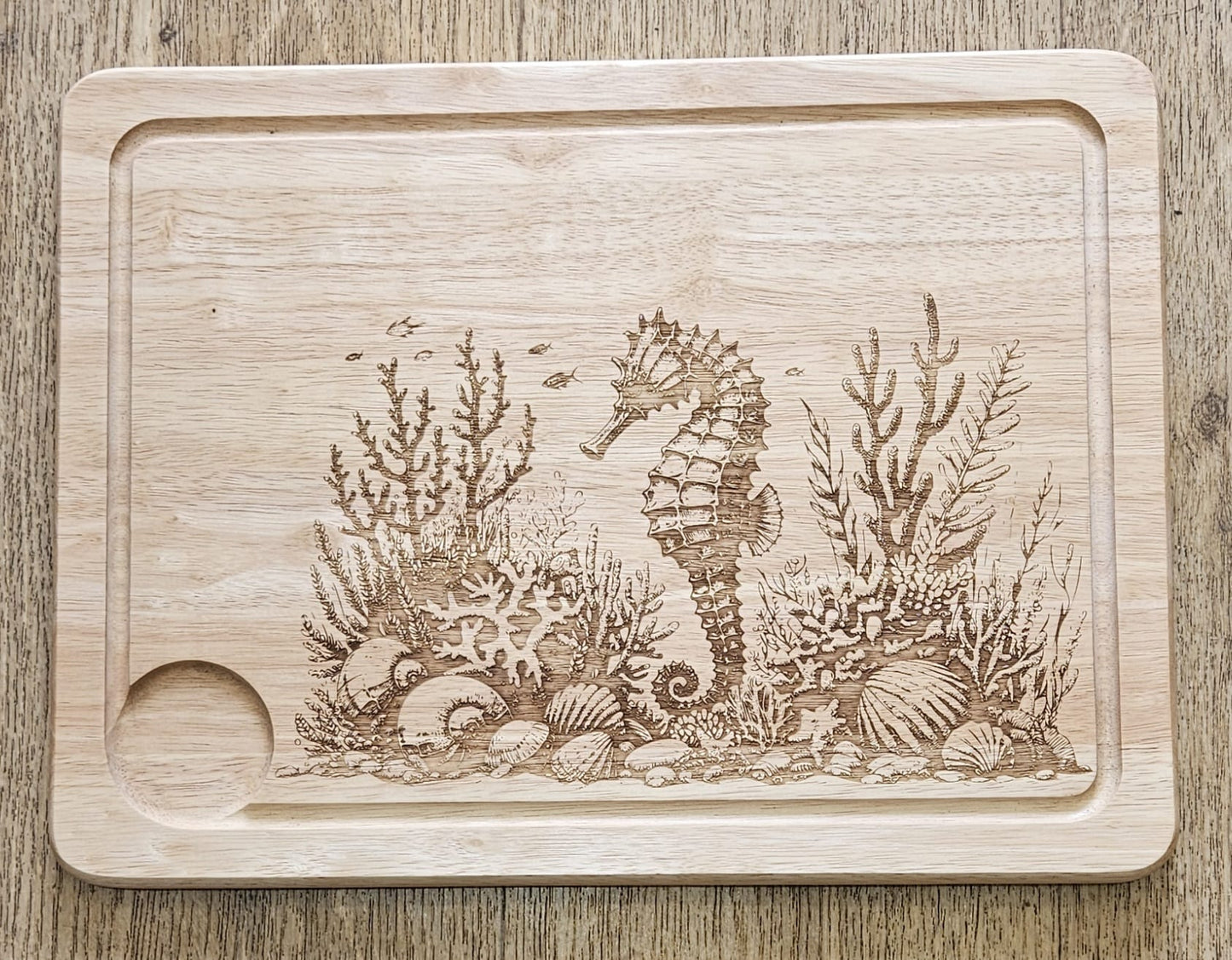 Large Hevea Wood Chopping Board - Laser Engraved image of Seahorse