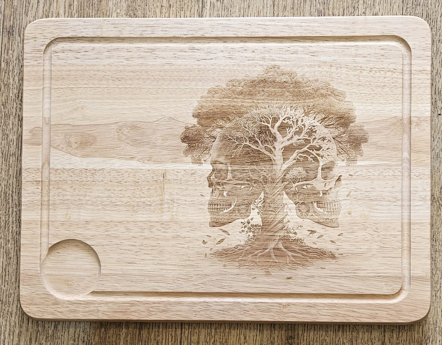 Large Hevea Wood Chopping Board - Laser Engraved image of Skull Tree