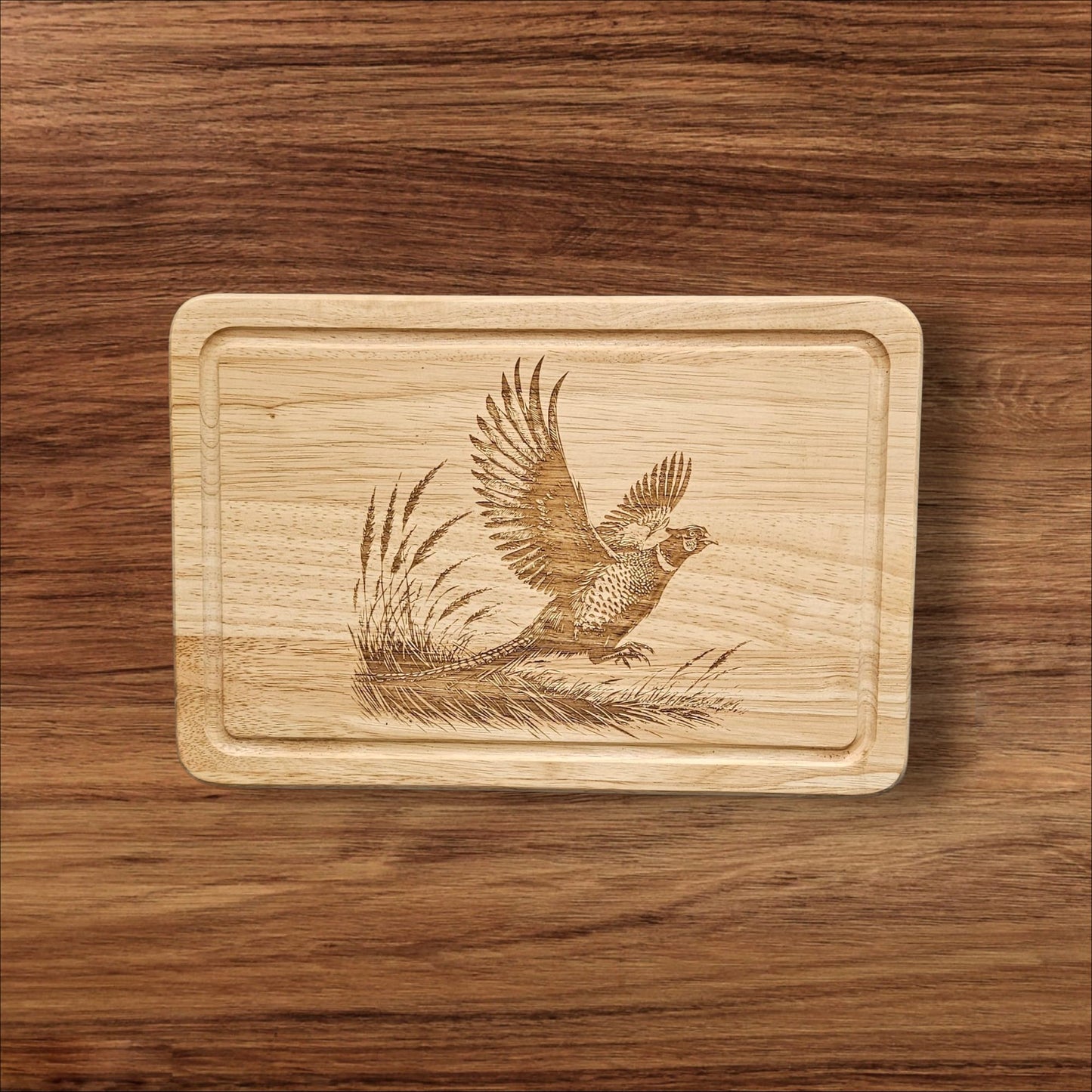 Laser engraved flying pheasant - Hevea Wood Chopping Board Medium Rectangle