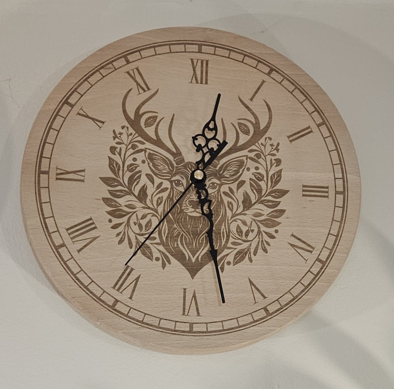 Beech Wood Clock 25cm- engraved Deer face detail
