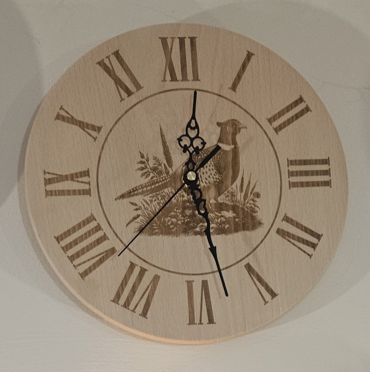 Beech Wood Clock 25cm- engraved Pheasant detail