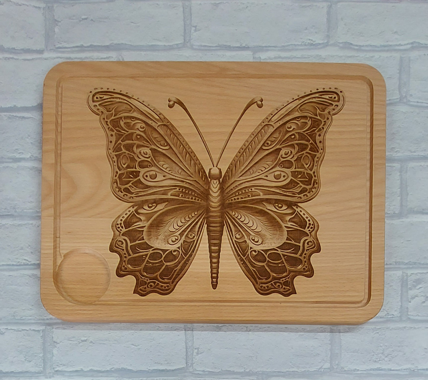 Large Beech Wood Chopping Board - Engraved 3D image of Butterfly