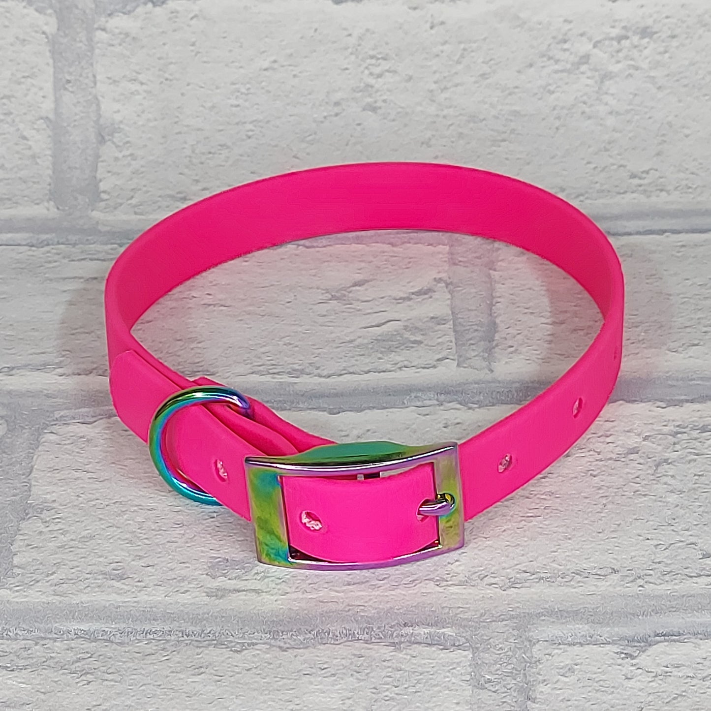 Biothane Collar Neon Pink / Rainbow hardware - Small