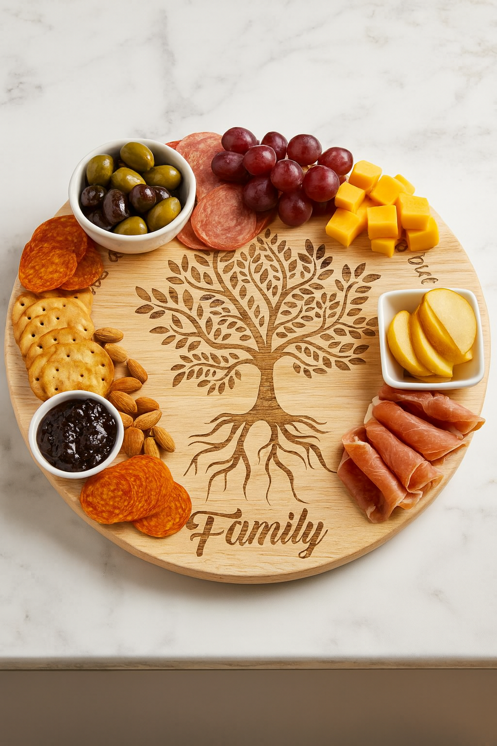 Lazy Susan – 35cm Hevea Wood - Engraved Family Tree Design