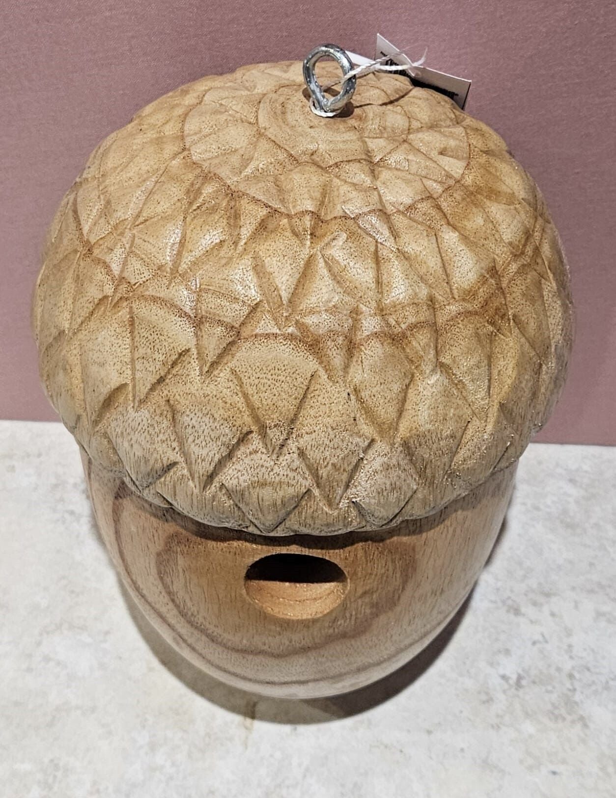 Wooden Acorn Shaped Bird House - hanging