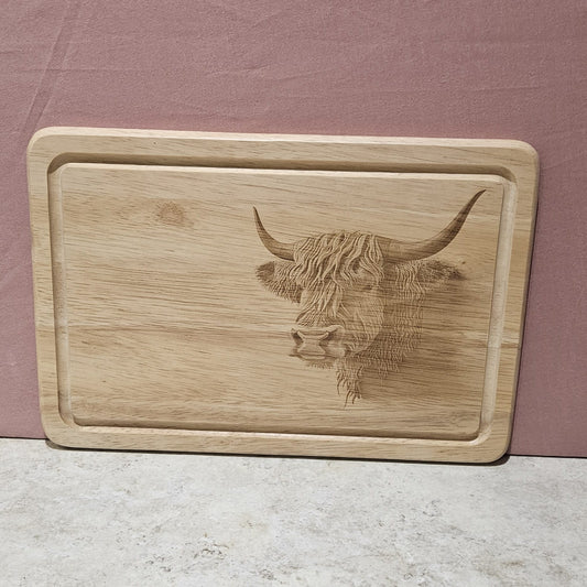 Laser engraved Highland Cow - Hevea Wood Chopping Board Medium Rectangle